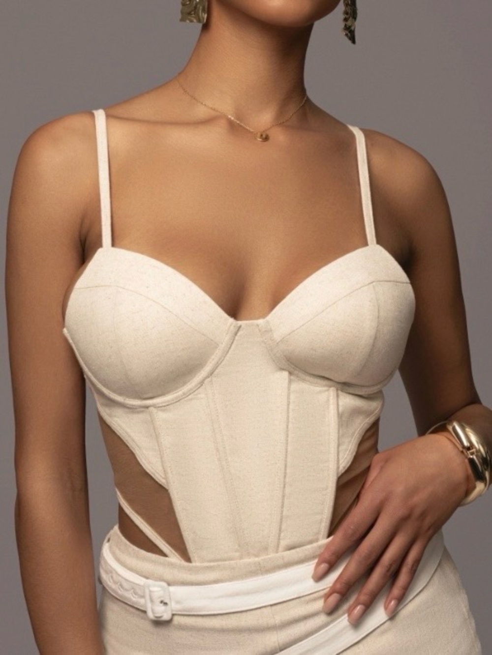 New NWT Jluxlabel Natural Horizon Linen Corset Lace Up  Medium Mesh Tan Beige